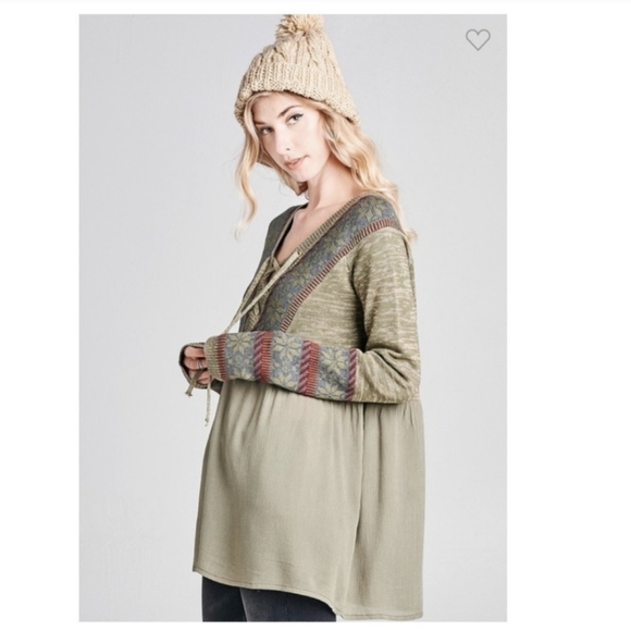 Boho Olive Green Lace-Up Neckline Top Peasant Tunic Long Sleeve Blouse NWOT‎ - Picture 6 of 8